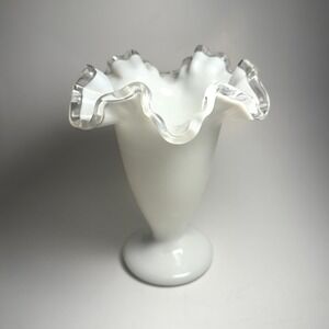 Vintage Fenton Silver Crest Milk Glass Vase 6.5" Ruffled Trumpet Footed